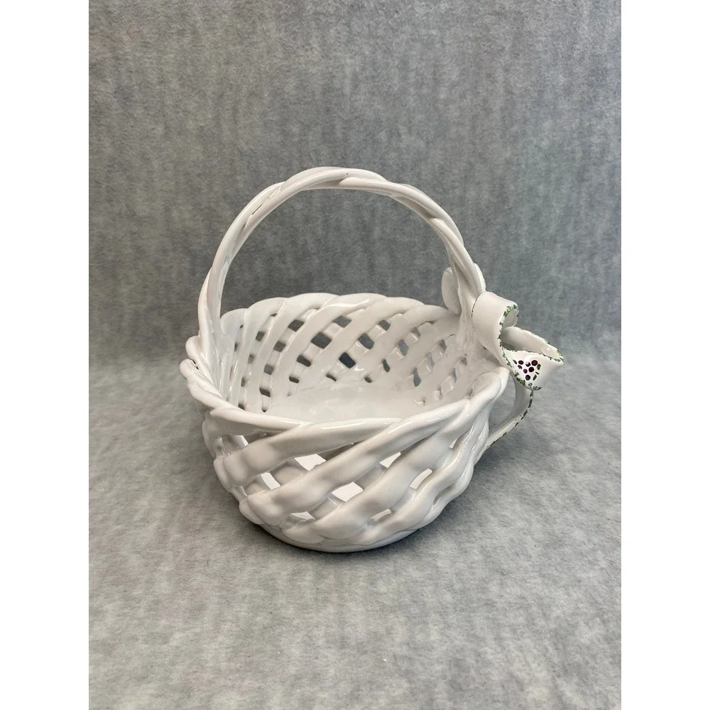 Berardos Vintage White Portugal Ceramic Lattice‎ Basket Bowl Grape Bow Accent